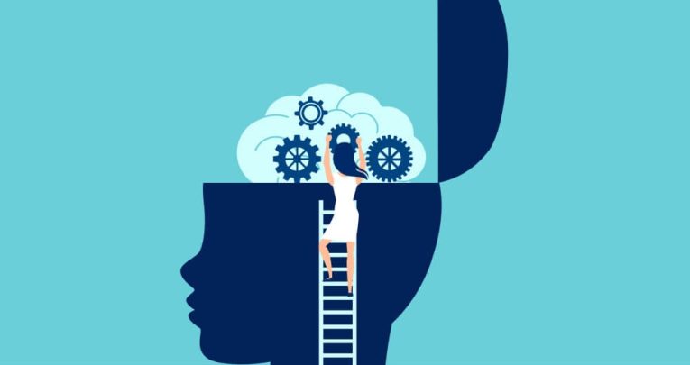 Illustration of someone climbing up a ladder and looking at the cogs in a child's brain, representing behaviour management strategies