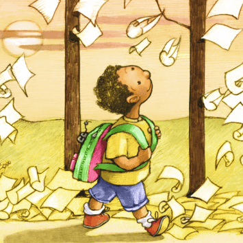 Cartoon of a boy walking through a wood, with pages floating down on him, representing prosody in reading
