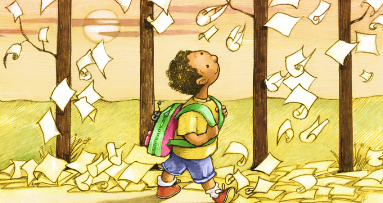 Cartoon of a boy walking through a wood, with pages floating down on him, representing prosody in reading