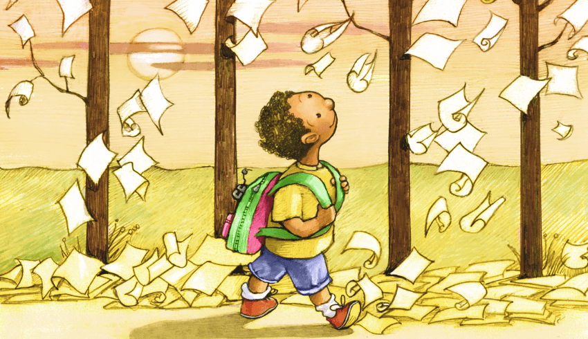 Cartoon of a boy walking through a wood, with pages floating down on him, representing prosody in reading