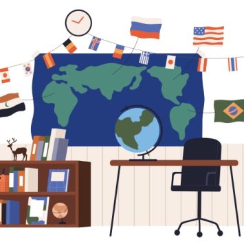 Illustration showing an elaborate classroom display of various geography-themed props, posters and other visual elements