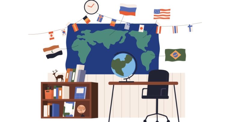 Illustration showing an elaborate classroom display of various geography-themed props, posters and other visual elements