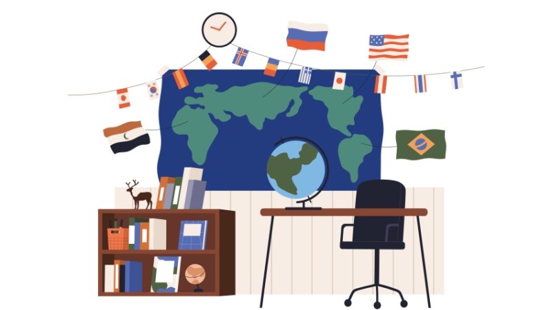 Illustration showing an elaborate classroom display of various geography-themed props, posters and other visual elements