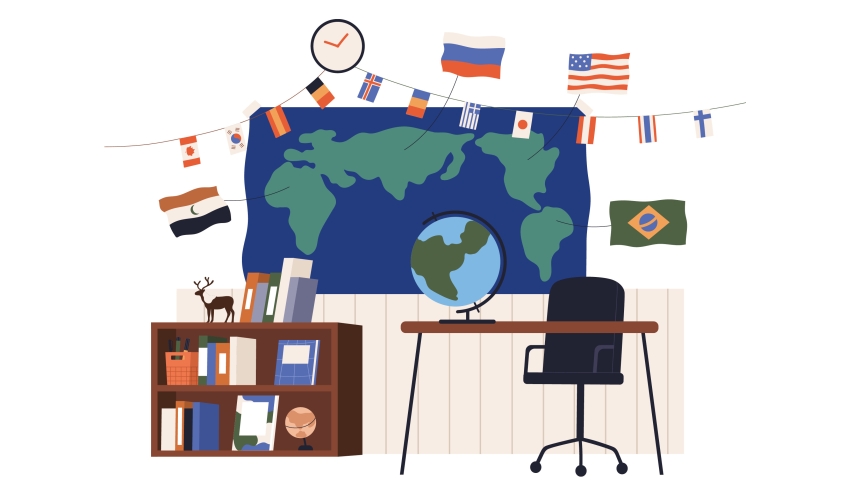 Illustration showing an elaborate classroom display of various geography-themed props, posters and other visual elements