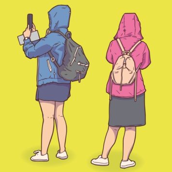 Illustration of two teens in outdoor wear taking pictures with their phones, representing history trips
