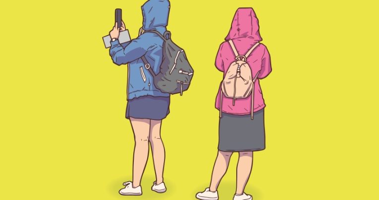 Illustration of two teens in outdoor wear taking pictures with their phones, representing history trips