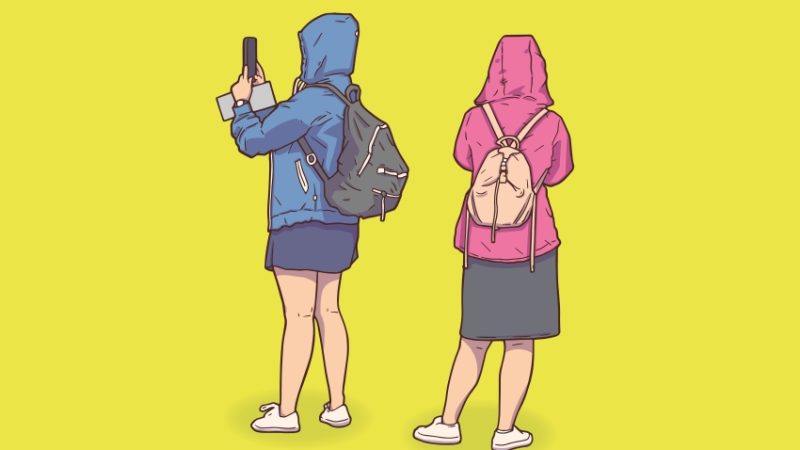 Illustration of two teens in outdoor wear taking pictures with their phones, representing history trips