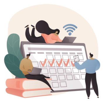 Abstract illustration of three figures clustered around a large work calendar, representing a knowledge gap