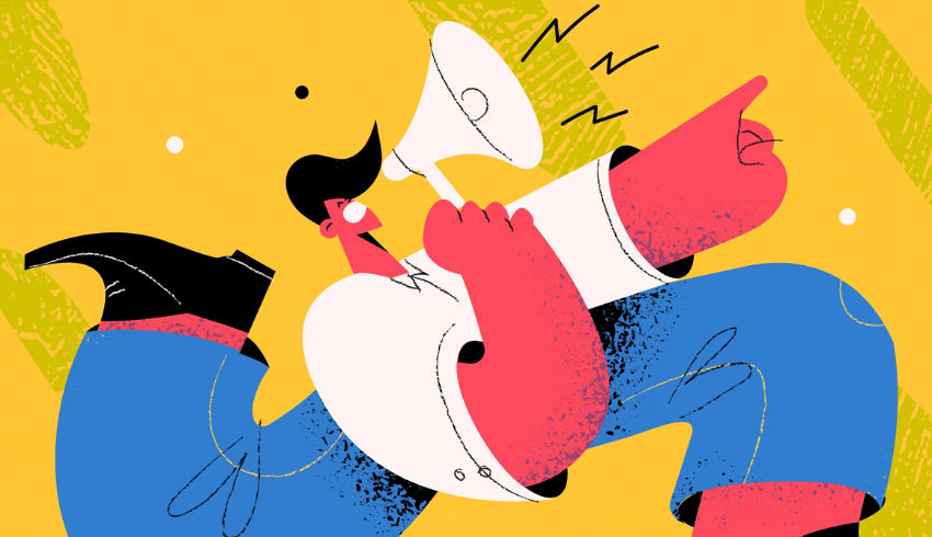 Cartoon of a man speaking into a megaphone, representing teaching poetry