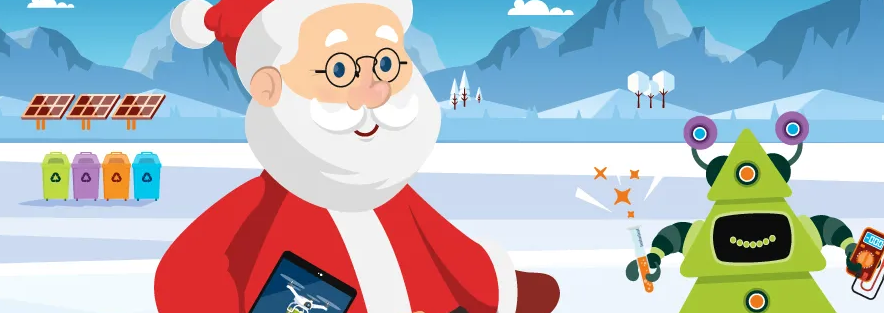 Illustration of Santa with robot, representing STEM Christmas activities