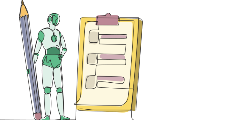 Robotic figure holding pencil near clipboard, representing AI in education