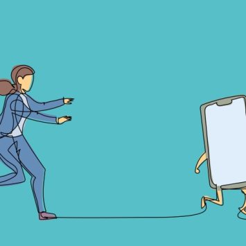 Cartoon illustration of a besuited woman chasing after a smartphone with arms and legs, representing phone ban in schools