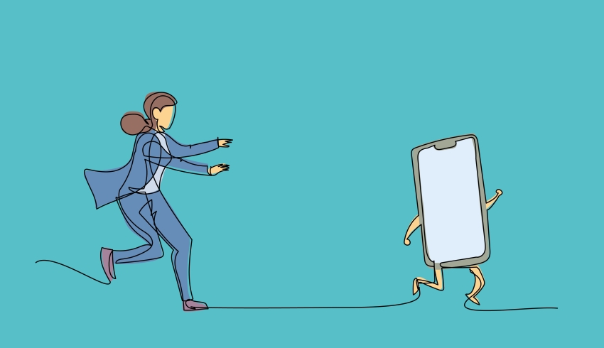 Cartoon illustration of a besuited woman chasing after a smartphone with arms and legs, representing phone ban in schools