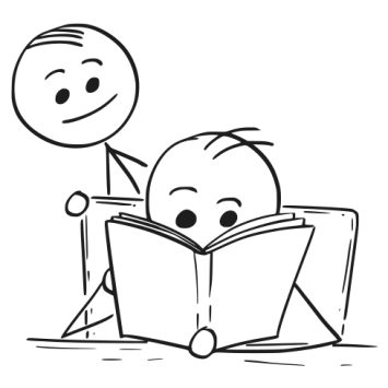 One stick figure looking over the shoulder of another as they read a book, representing teaching to the test