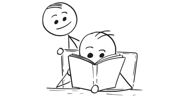 One stick figure looking over the shoulder of another as they read a book, representing teaching to the test
