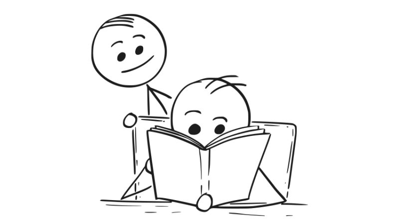 One stick figure looking over the shoulder of another as they read a book, representing teaching to the test