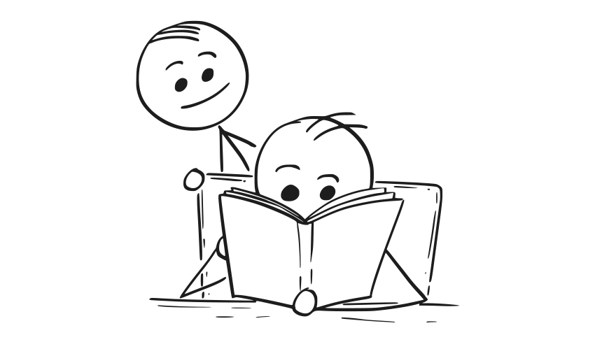 One stick figure looking over the shoulder of another as they read a book, representing teaching to the test