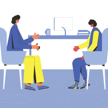 Abstract illustration of student and teacher sat in a private office, representing SEND interventions
