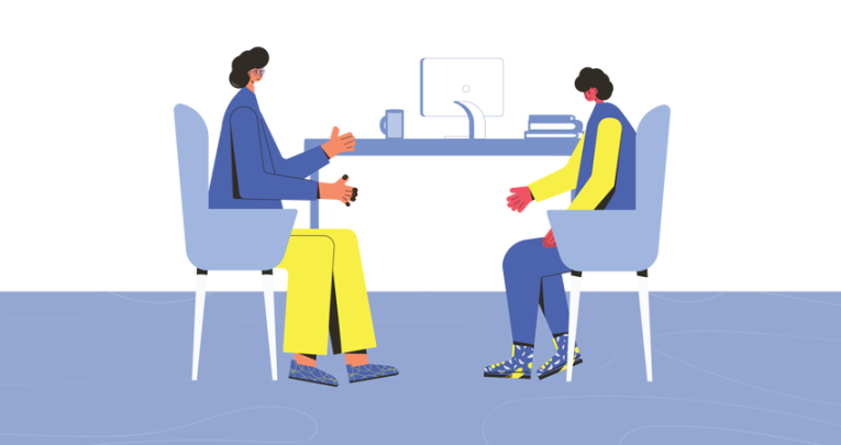 Abstract illustration of student and teacher sat in a private office, representing SEND interventions