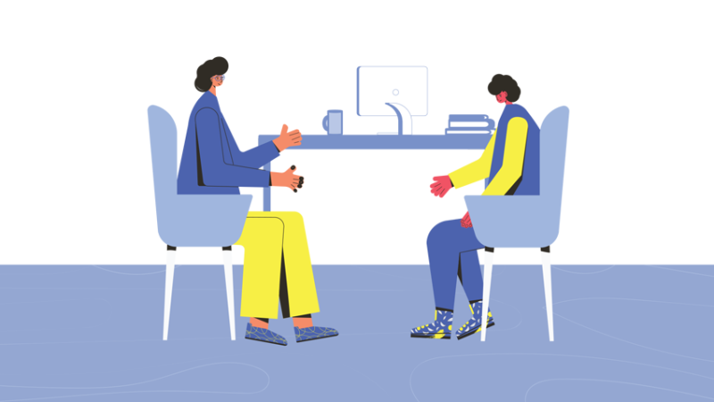 Abstract illustration of student and teacher sat in a private office, representing SEND interventions