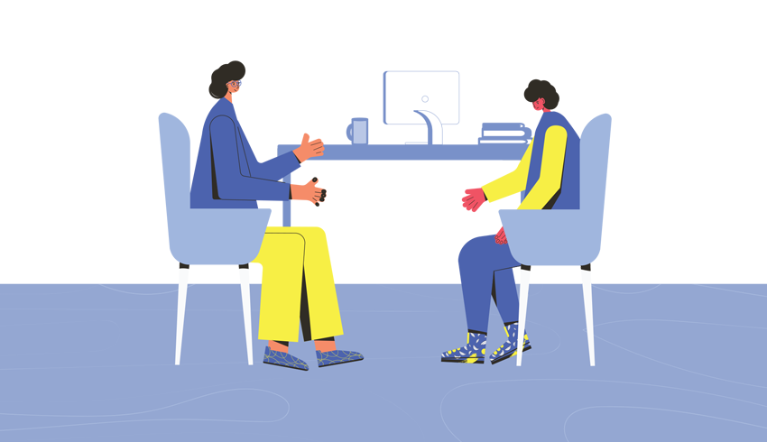 Abstract illustration of student and teacher sat in a private office, representing SEND interventions