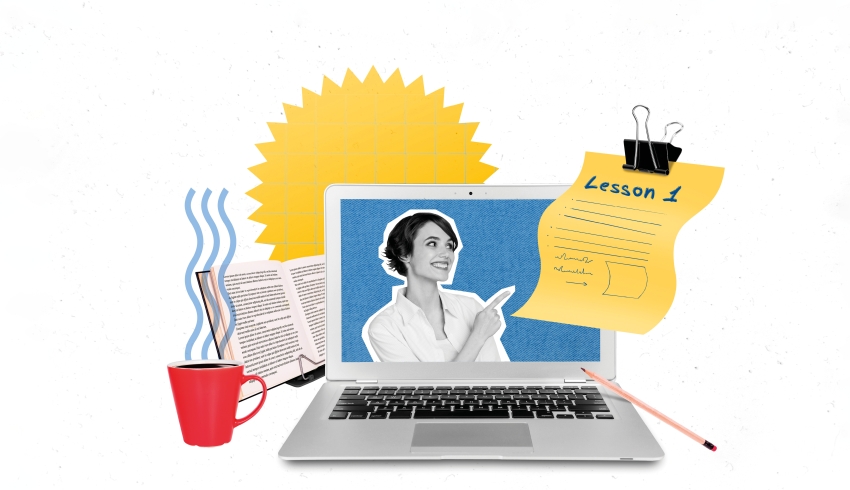 Collage illustration conveying idea of remote learning, representing initial teacher education