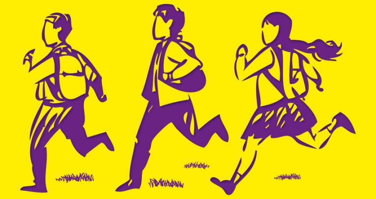 Illustration of teens running in school uniform, representing break time