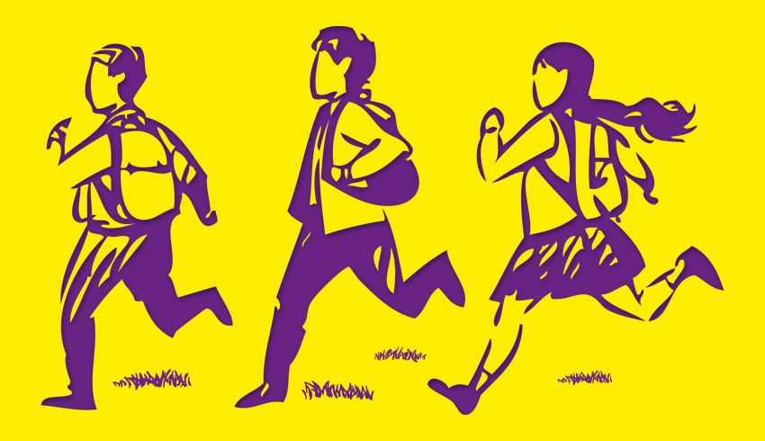 Illustration of teens running in school uniform, representing break time