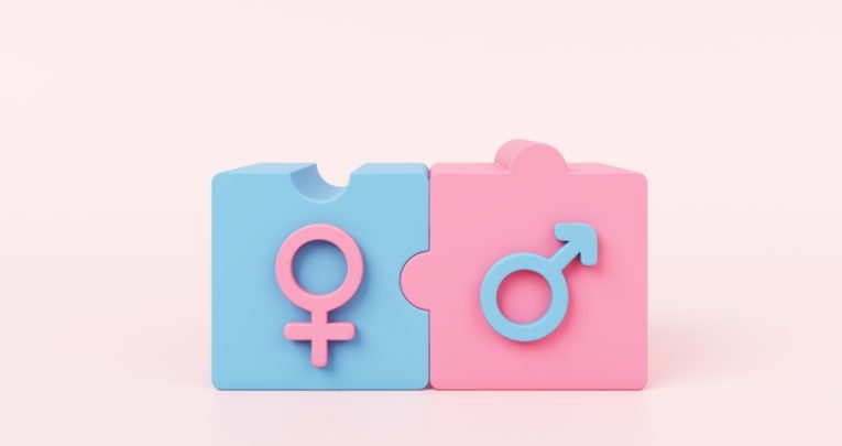 Abstract illustration showing adjoining building blocks overlaid with male/female gender symbols, representing RSHE