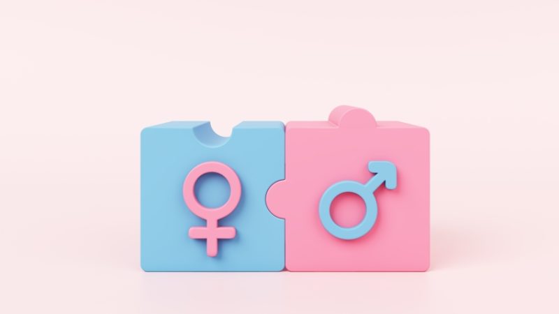 Abstract illustration showing adjoining building blocks overlaid with male/female gender symbols, representing RSHE