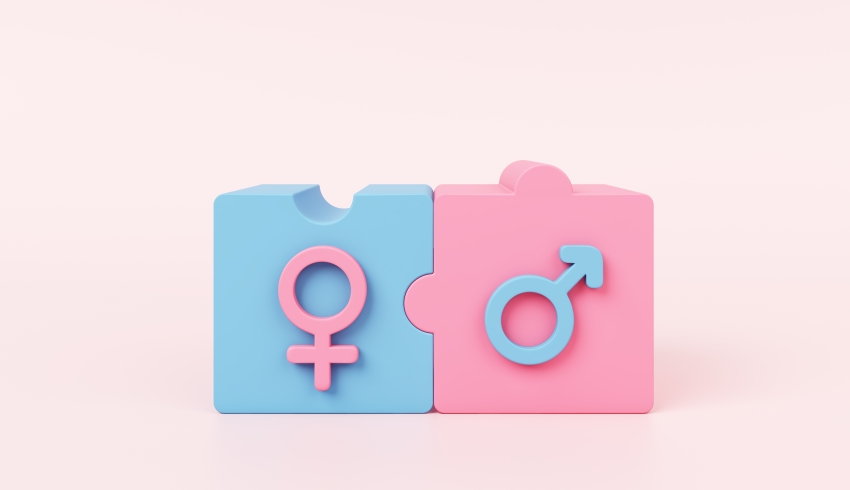 Abstract illustration showing adjoining building blocks overlaid with male/female gender symbols, representing RSHE