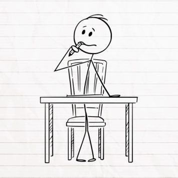 Illustration of a stick figure shown sat at a desk deep in thought, representing a learning journal