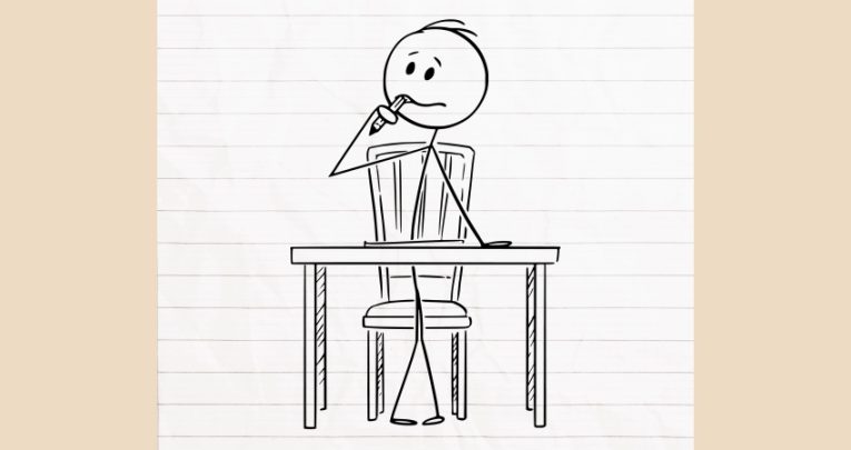 Illustration of a stick figure shown sat at a desk deep in thought, representing a learning journal