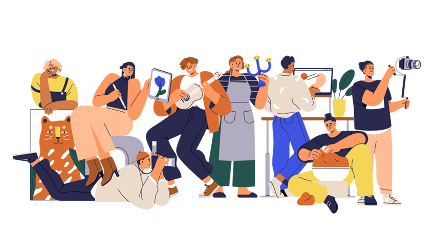Illustration of people participating in arts subjects
