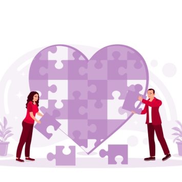 Illustration of people putting together jigsaw puzzle heart, representing empathy