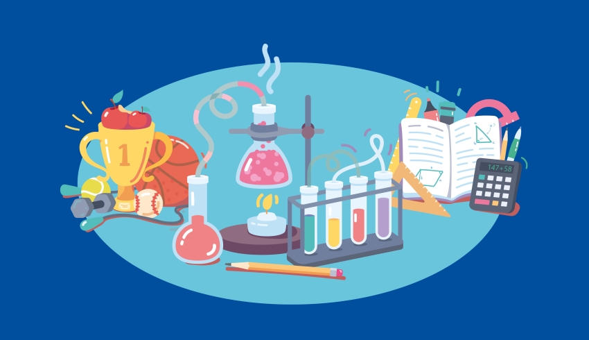 Illustration of sports, science and maths equipment, representing teacher CPD