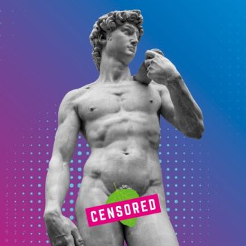 Naked statue with 'censored' banner over genitals, representing art curriculum
