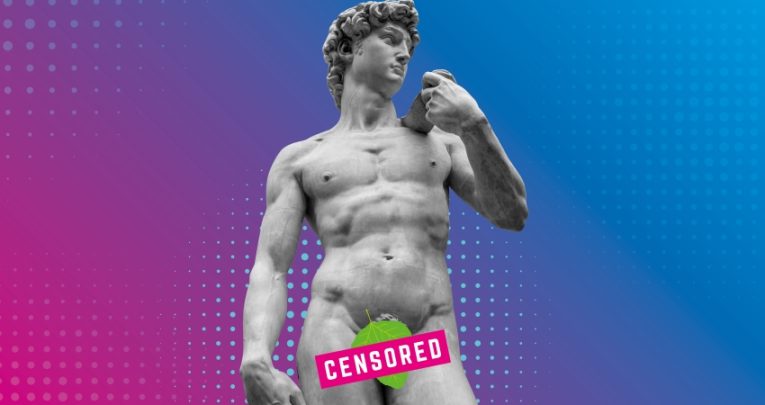 Naked statue with 'censored' banner over genitals, representing art curriculum