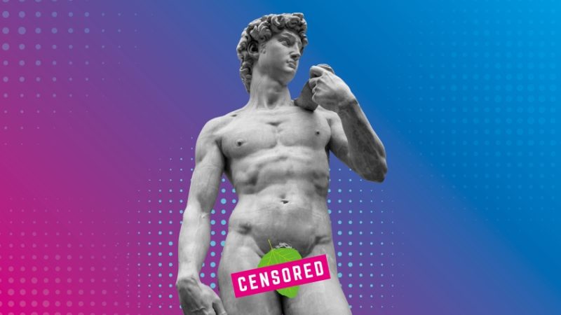 Naked statue with 'censored' banner over genitals, representing art curriculum