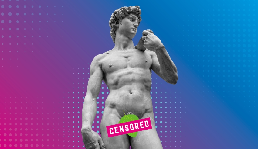 Naked statue with 'censored' banner over genitals, representing art curriculum