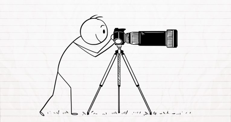 Drawing of a stick figure rendered as a wildlife photographer to evoke connotations of Sir David Attenborough