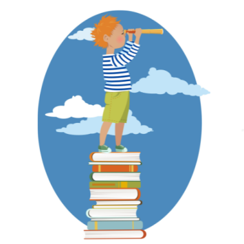 Cartoon of child standing on pile of books and looking through a telescope, representing challenging texts