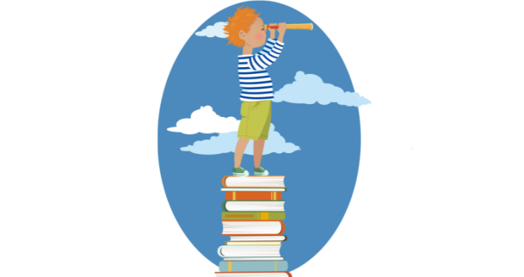 Cartoon of child standing on pile of books and looking through a telescope, representing challenging texts