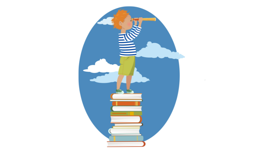 Cartoon of child standing on pile of books and looking through a telescope, representing challenging texts