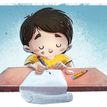 Cartoon of a boy writing