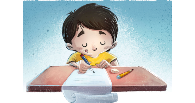 Cartoon of a boy writing