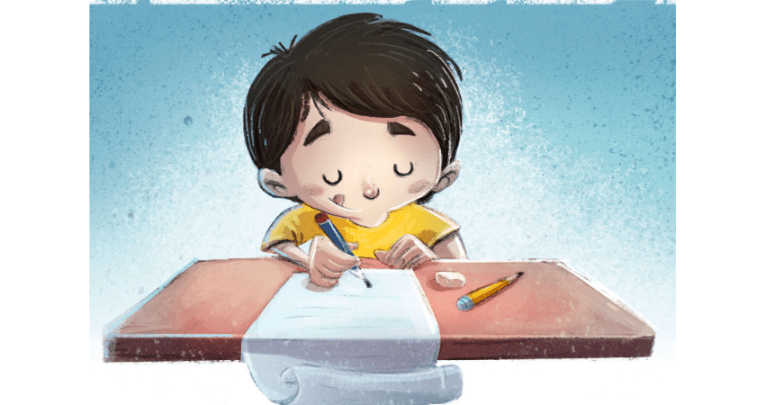 Cartoon of a boy writing