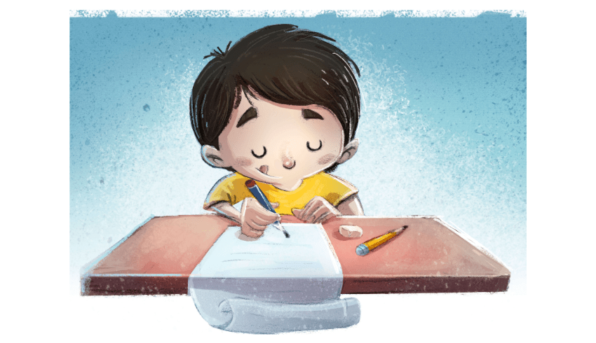 Cartoon of a boy writing