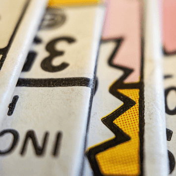 Close-up of a pile of comics