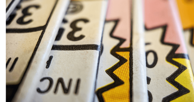 Close-up of a pile of comics